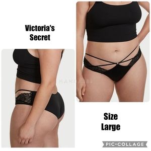 VS Pure Black Very Sexy Low Rise Strappy Lace Cheeky Panty Lingerie Large NEW